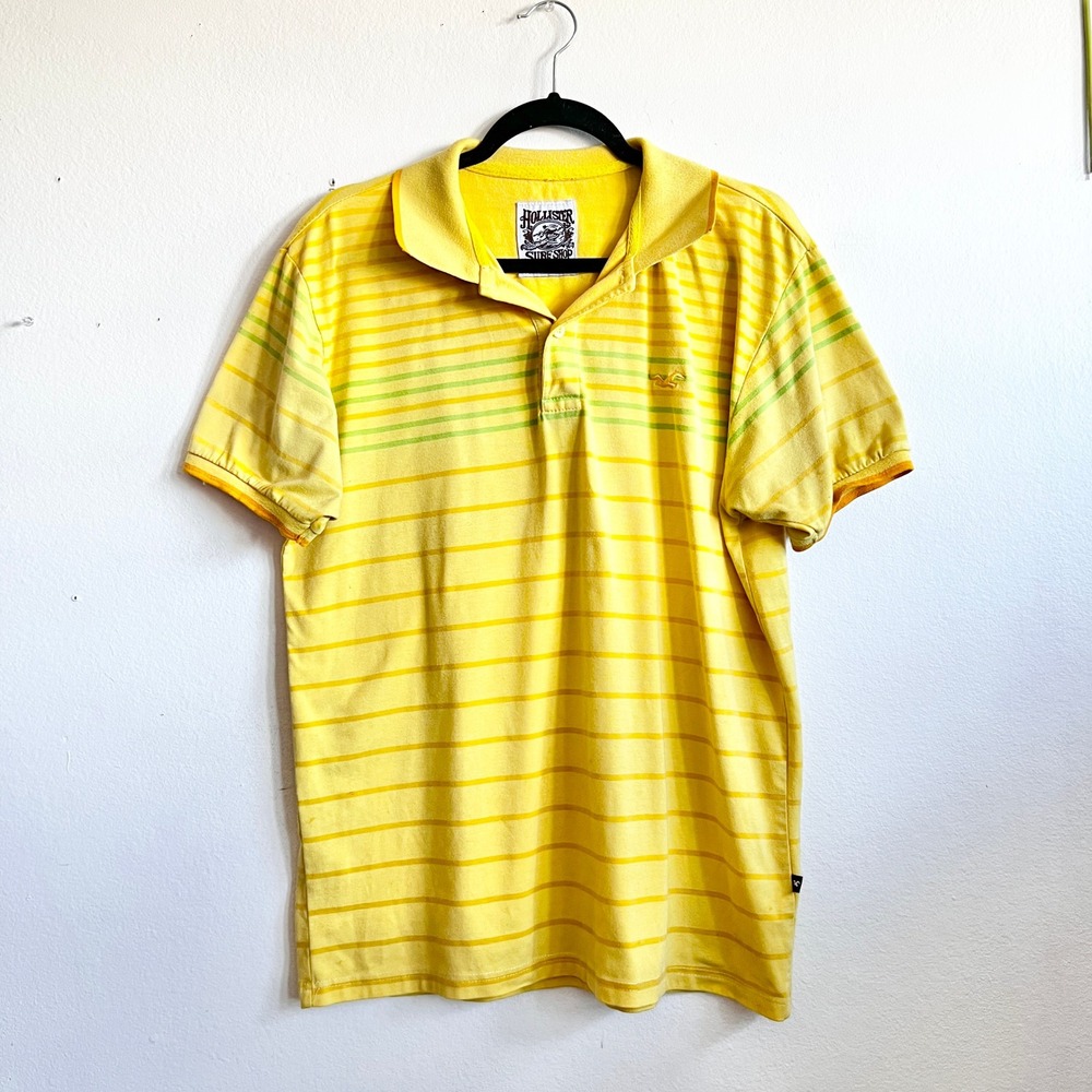 Y2K‎ Hollister Men's XL Polo Yellow Green Stripes Short Sleeve Vintage